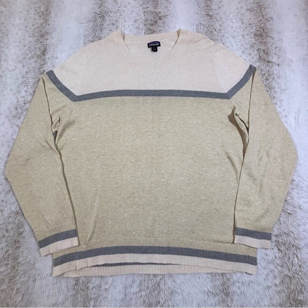 Patagonia Organic Cotton Crewneck Sweater Beige Gray Stripes Size L